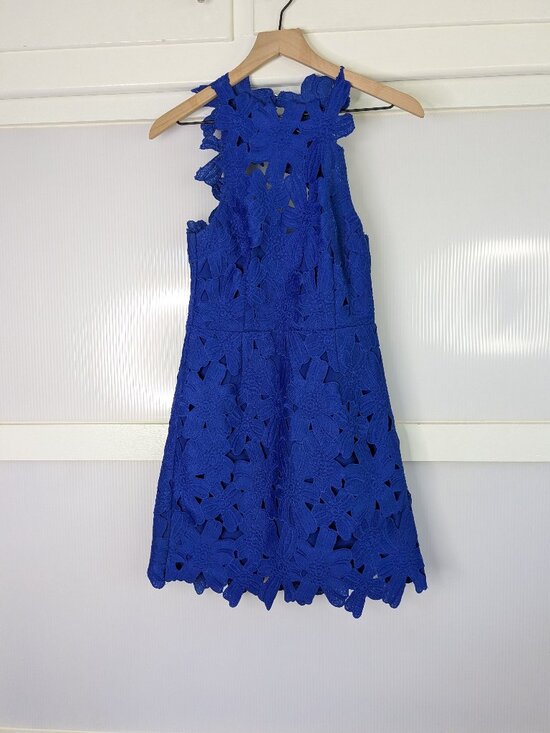 SAYLOR Dresses & Skirts - Saylor x Free People Jessa Foil Lace Dress Royal Blue Mini Dress Summer Size XS